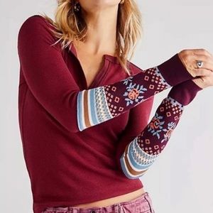 FREE PEOPLE Women's Mikah Layering Knit Cuff Thermal Top Wine Size Large